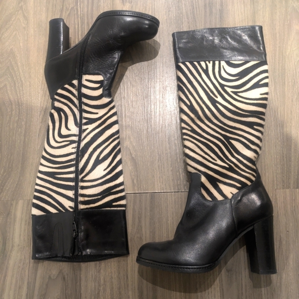 Kazar Zebra Print Statement Boots | Knee-High Black Leather | EU 38 / US 7.5